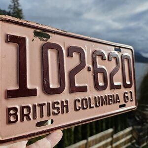 1961 British Columbia BC Canada License Plate Maroon/Pink Collector's